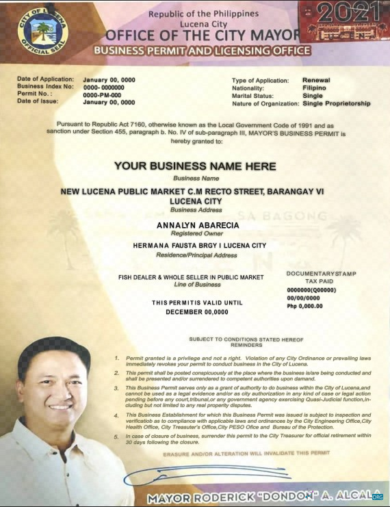 Download Philippines City of Lucena private entrepreneur certificate template in PSD format Photoshop template